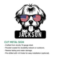 Shih Tzu metal sign product graphic showing a patriotic sunglasses design and sign features