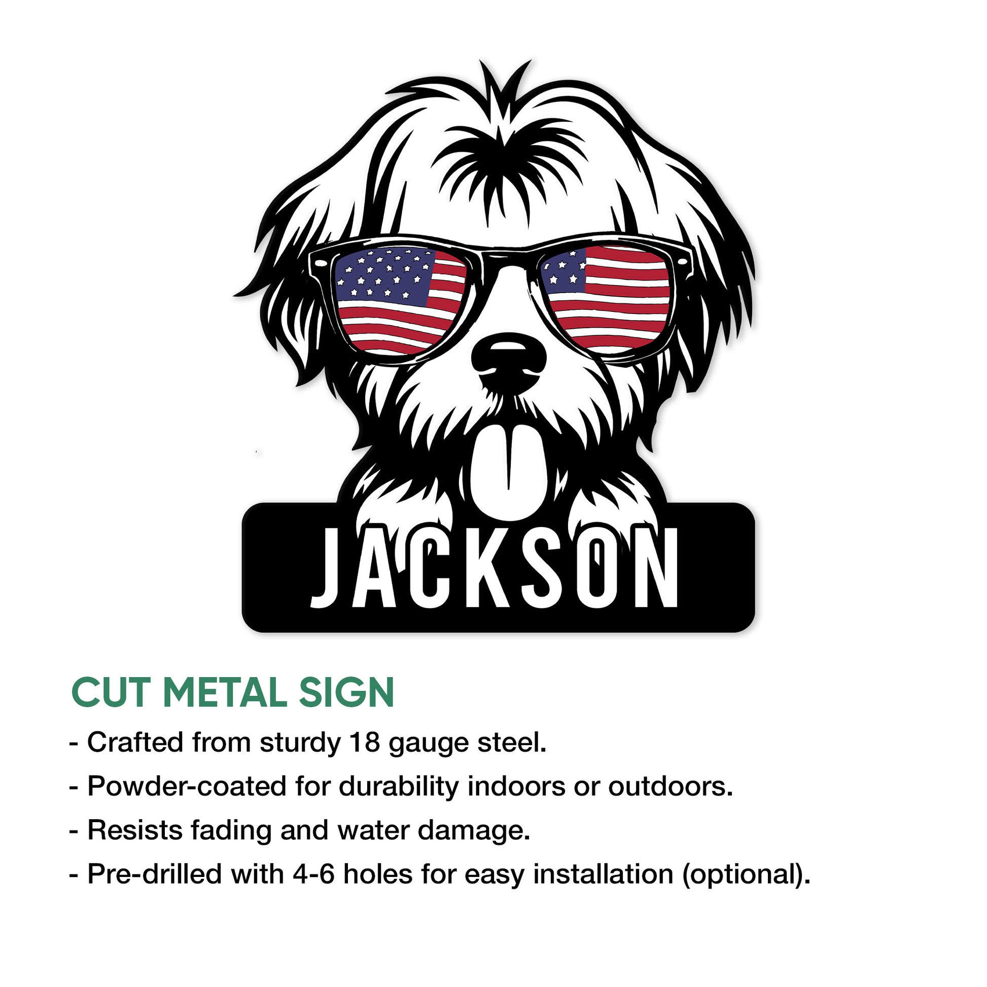 Shih Tzu metal sign product graphic showing a patriotic sunglasses design and sign features
