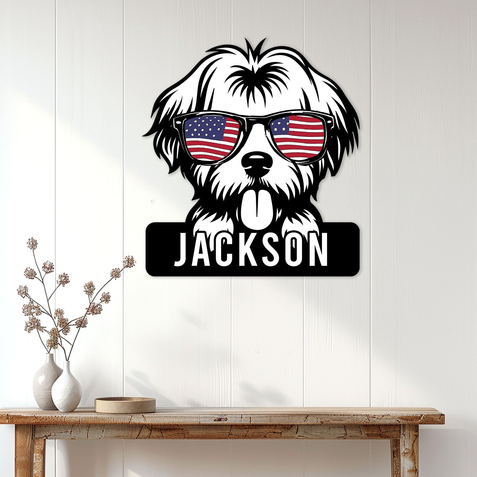 Patriotic Shih Tzu metal wall sign displayed on a bright paneled wall above a console table