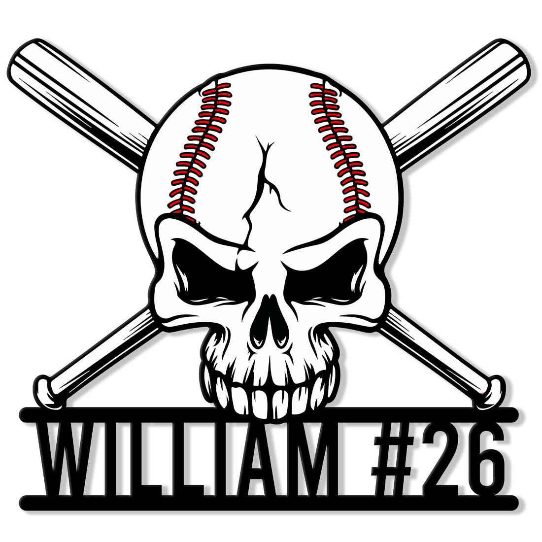 Baseball metal sign featuring a skull, crossed bats, red stitching, and bold custom-style player lettering