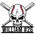 Baseball metal sign featuring a skull, crossed bats, red stitching, and bold custom-style player lettering