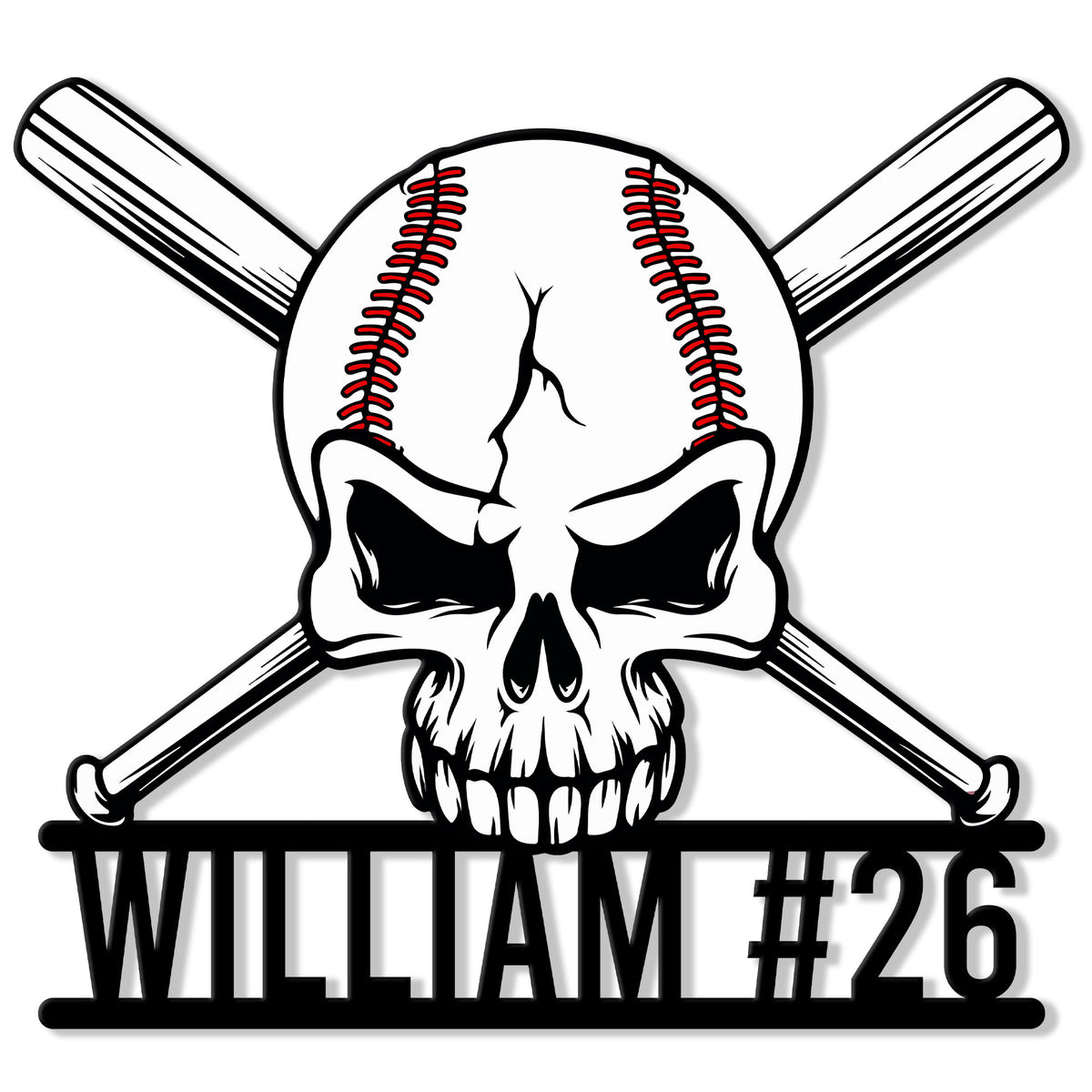 Baseball metal sign featuring a skull, crossed bats, red stitching, and bold custom-style player lettering