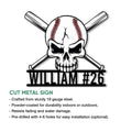 Baseball skull and crossed bats metal sign shown with a cut-metal sign features infographic