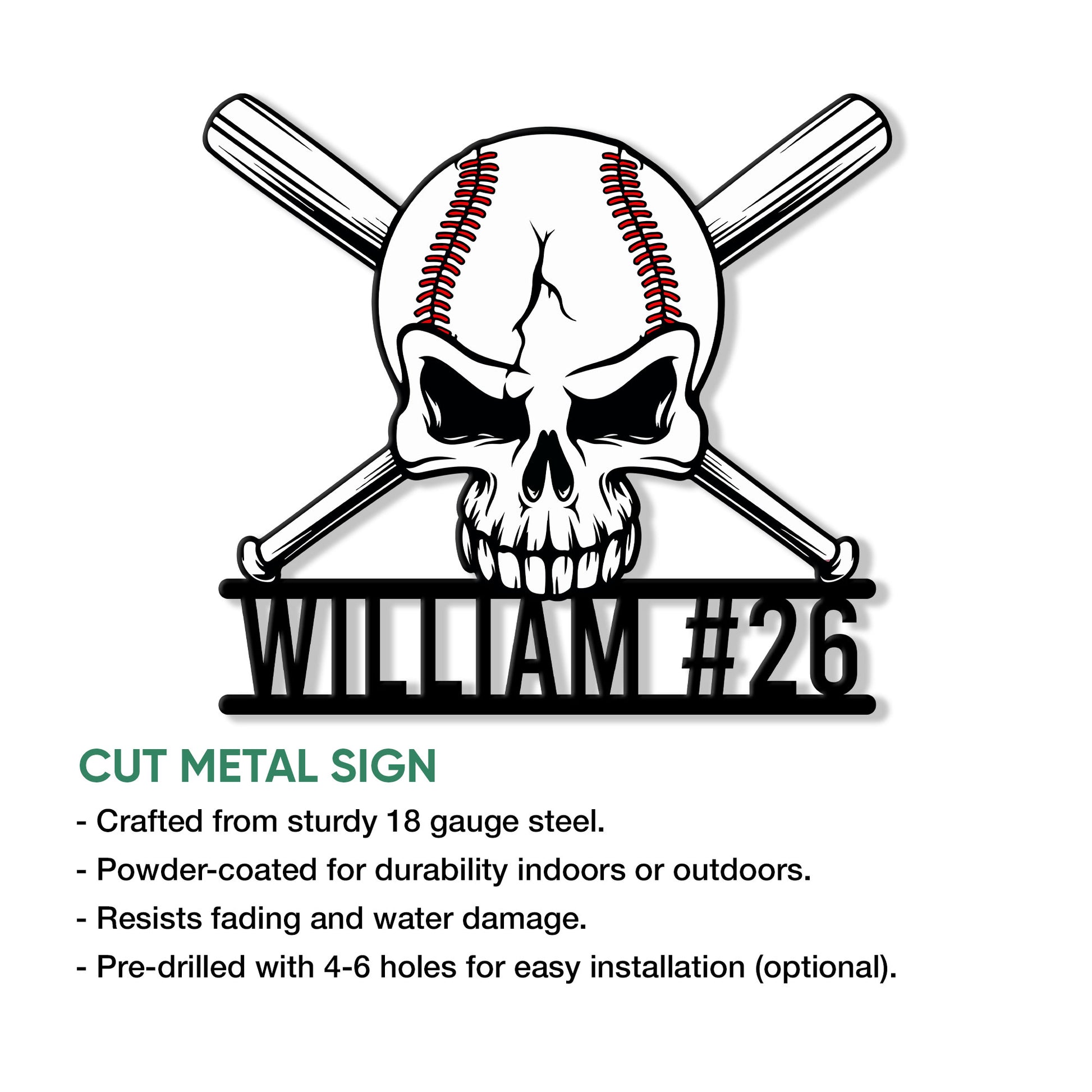 Baseball skull and crossed bats metal sign shown with a cut-metal sign features infographic