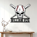 Baseball skull metal wall sign displayed on a light wood-paneled wall above a console table