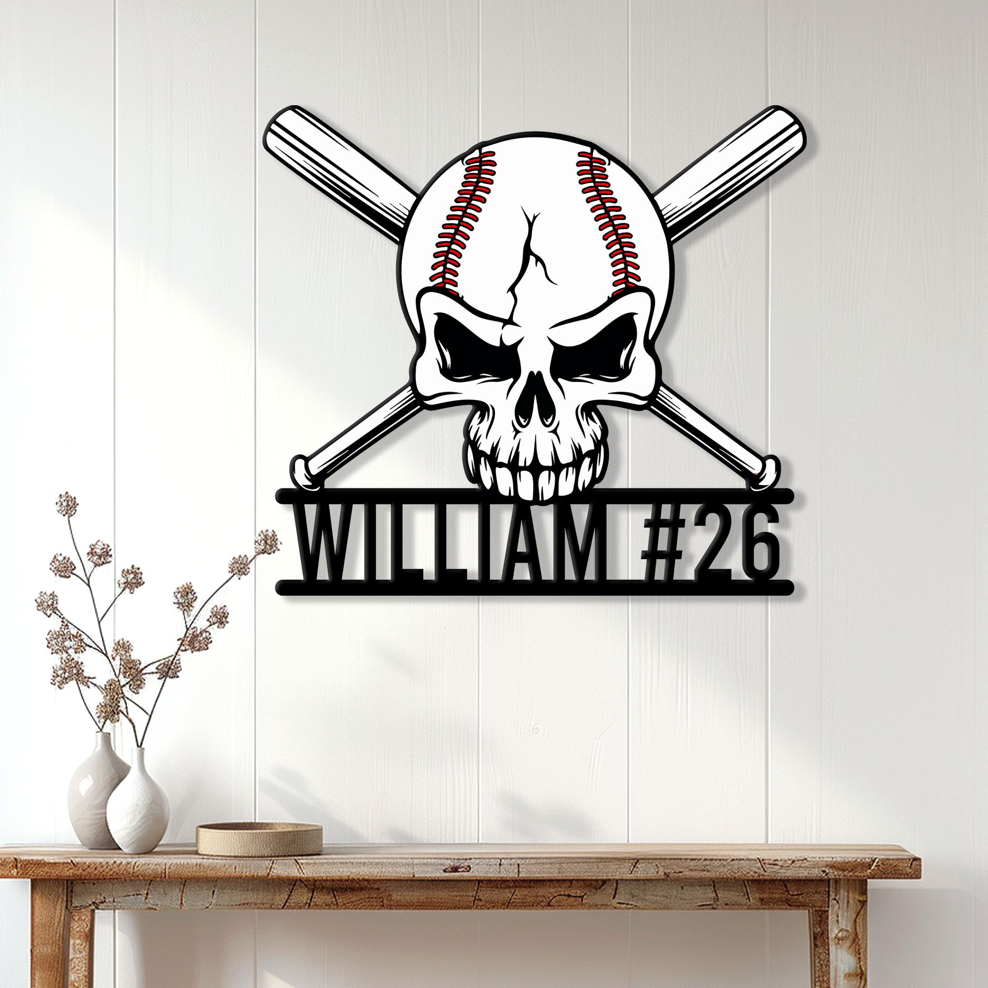 Baseball skull metal wall sign displayed on a light wood-paneled wall above a console table