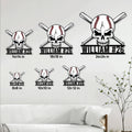 Baseball skull and crossed bats sign shown in multiple size options on a living room wall