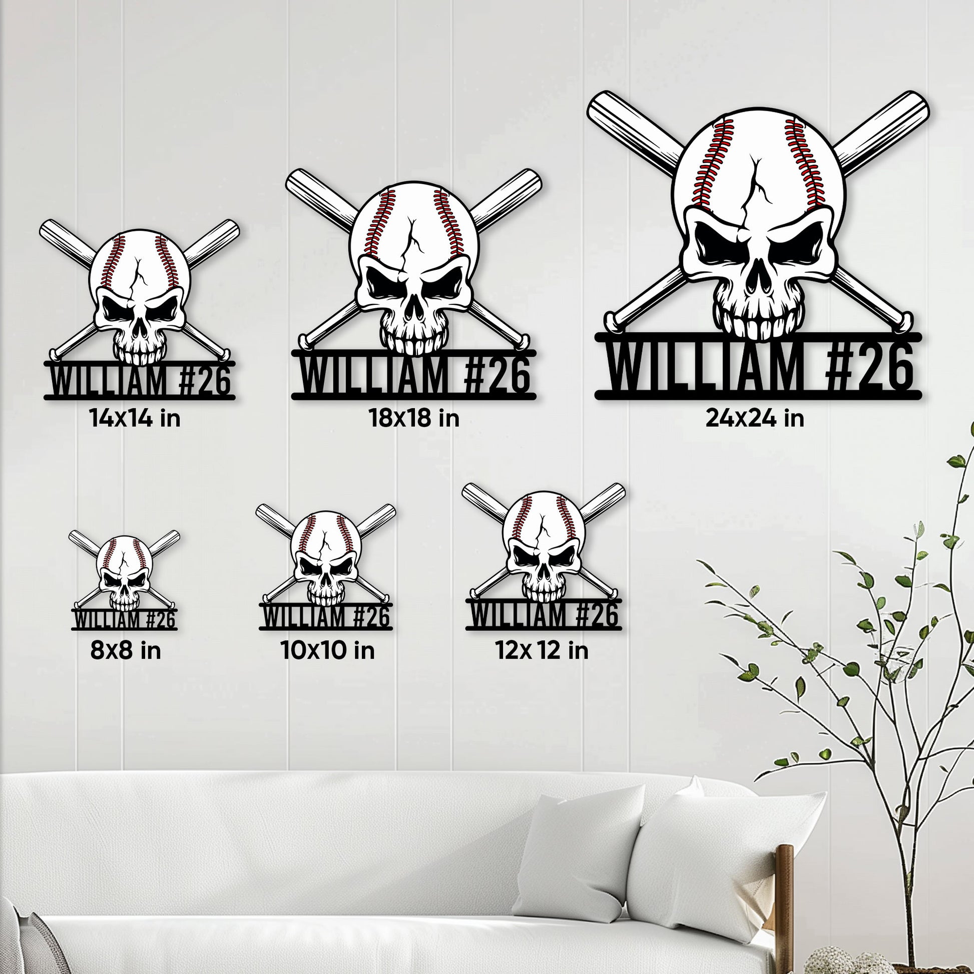 Baseball skull and crossed bats sign shown in multiple size options on a living room wall