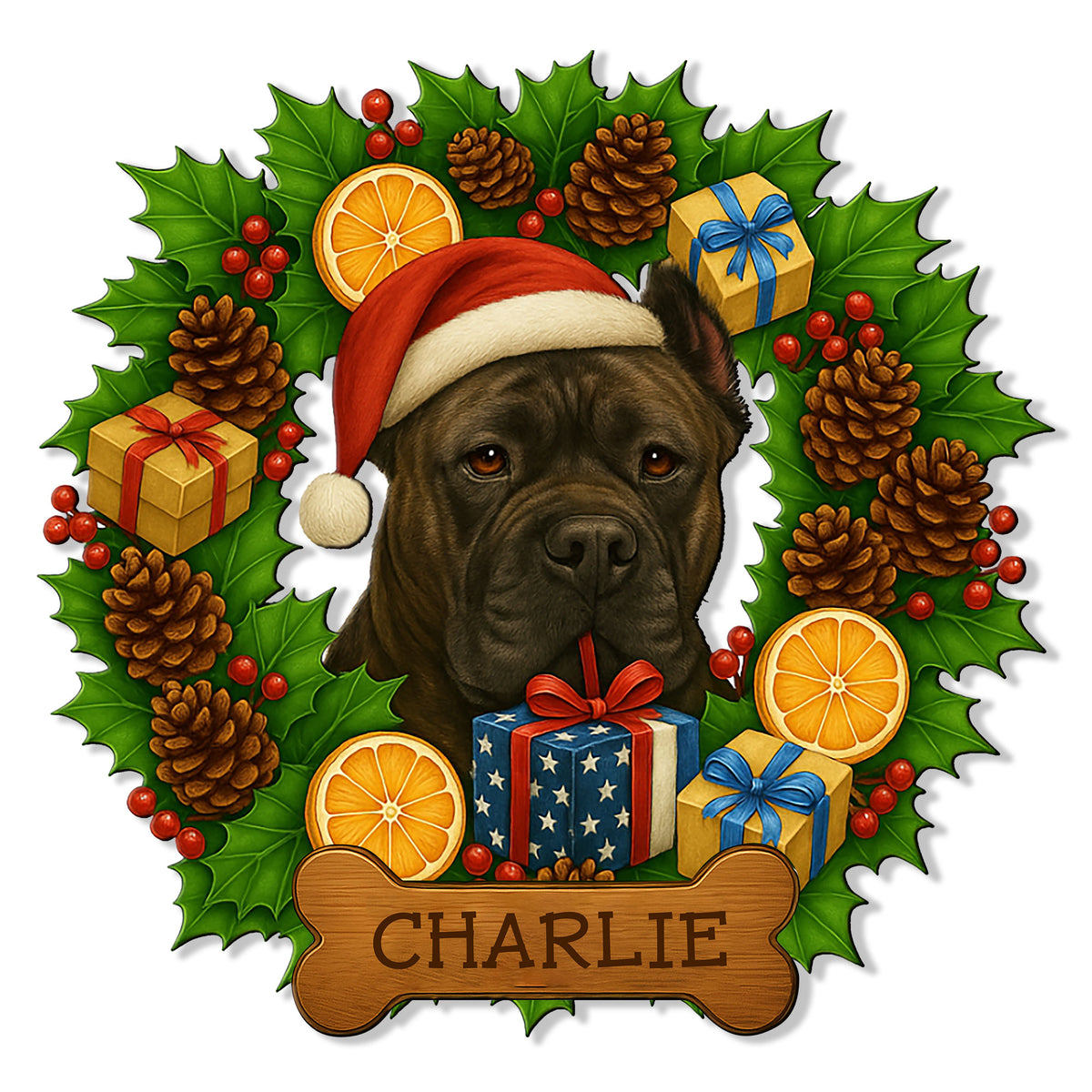 Cane Corso metal sign featuring a Santa hat, holiday wreath, gifts, and festive greenery