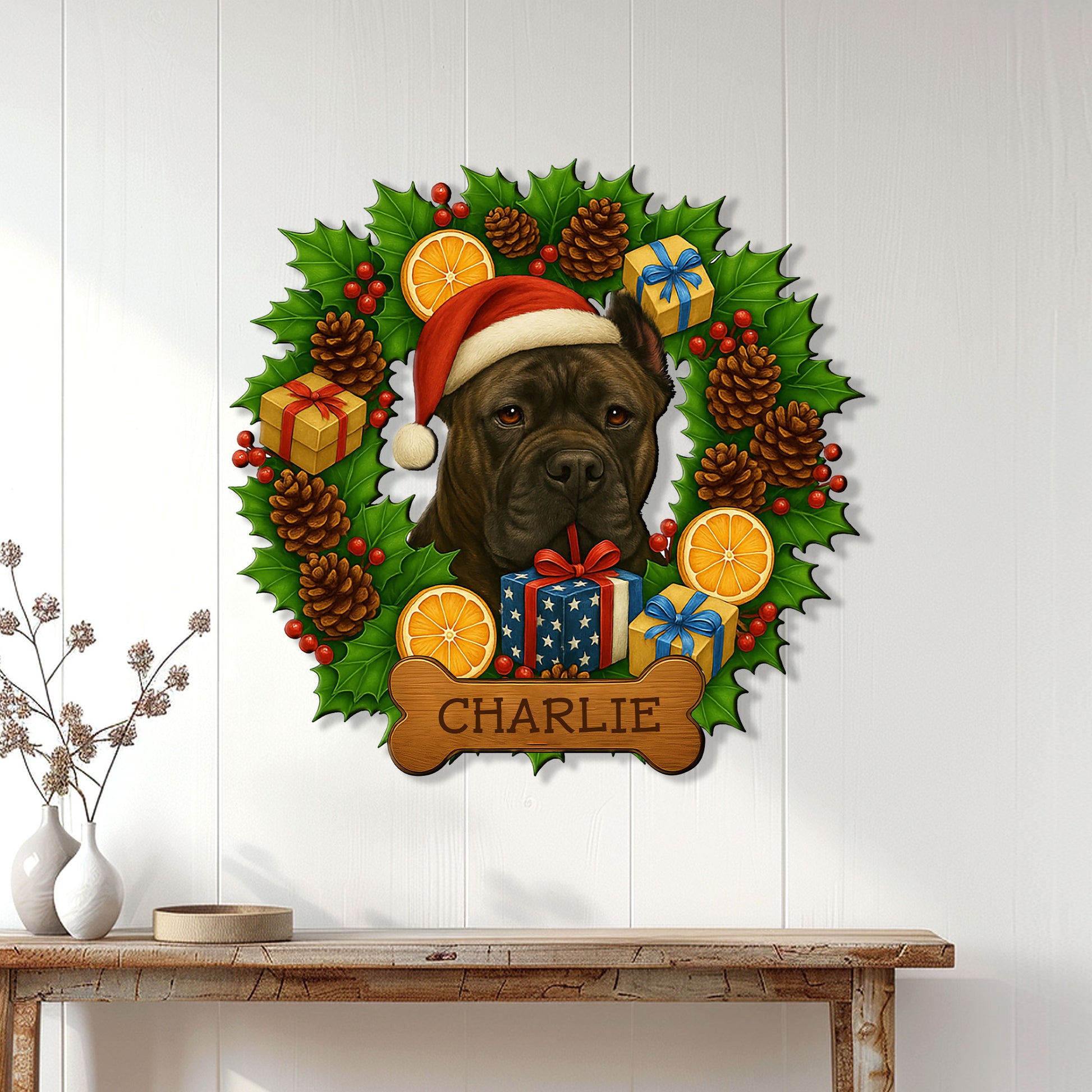 Cane Corso holiday metal sign displayed on a white wall above a wooden console table