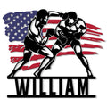 Custom boxing metal sign featuring two boxers in action against a distressed American flag backdrop