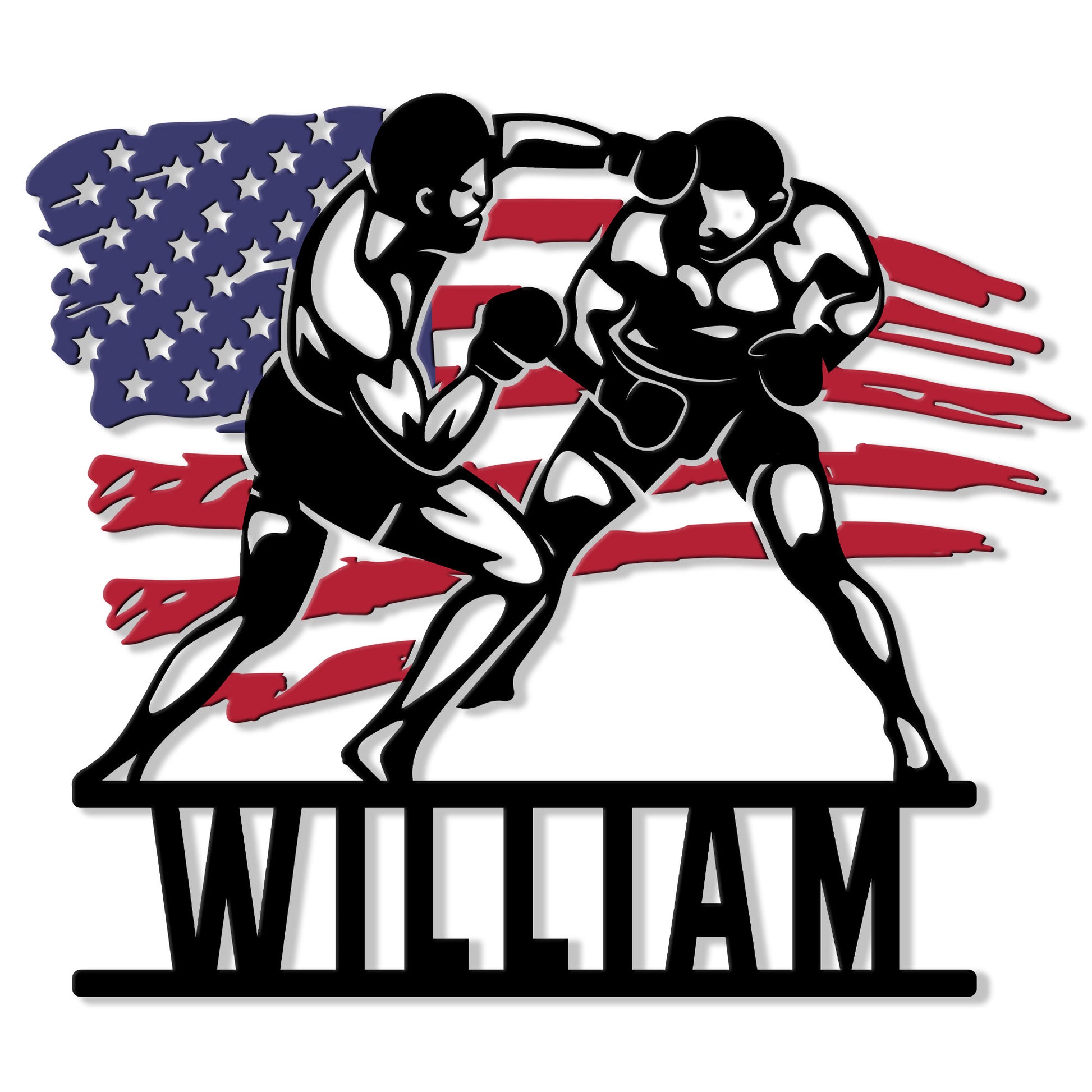 Custom boxing metal sign featuring two boxers in action against a distressed American flag backdrop
