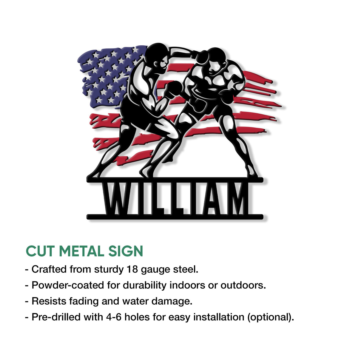 Boxing wall sign shown with cut metal construction details and a bold two-boxer American flag design