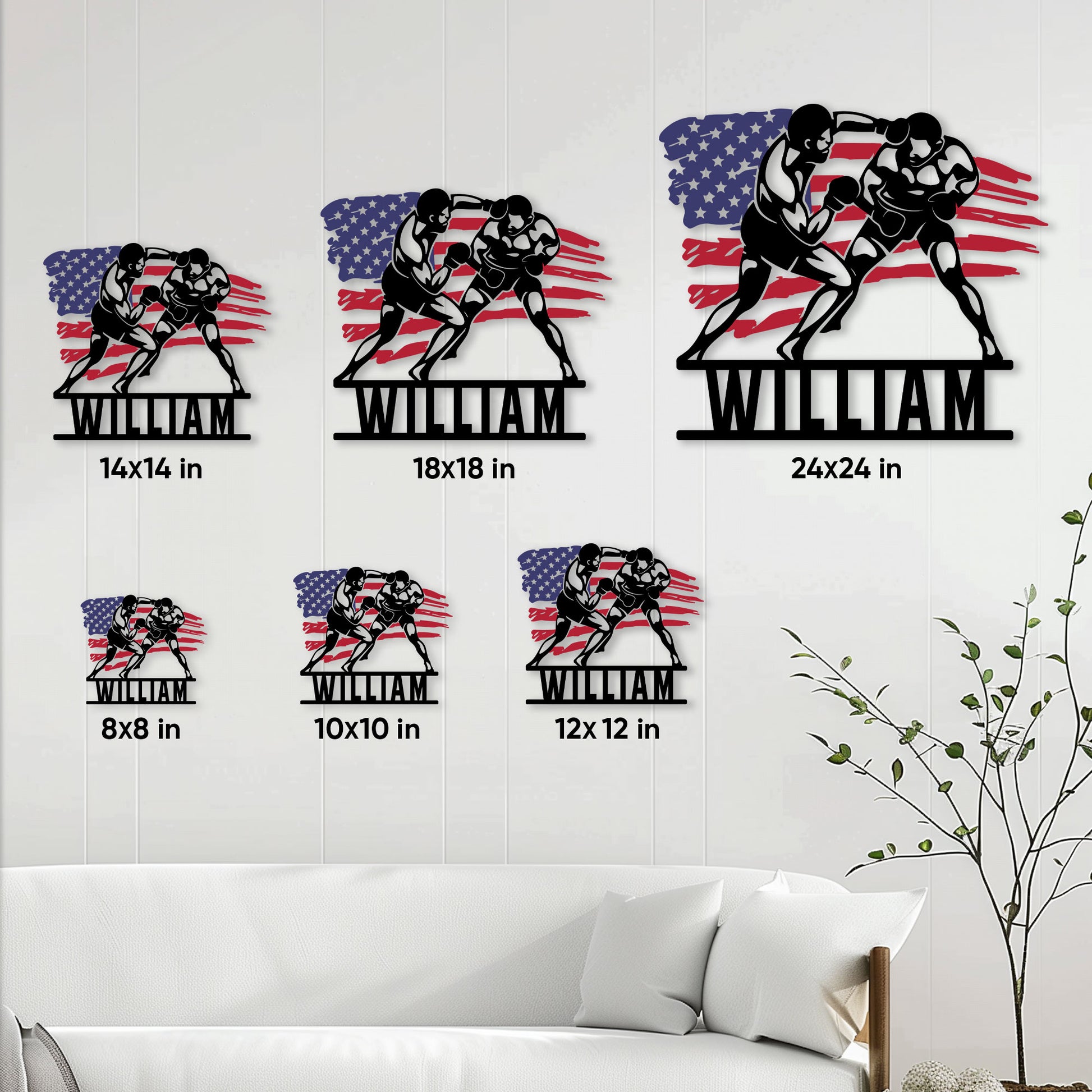 Boxing metal sign size guide showing multiple square size options in a living room setting