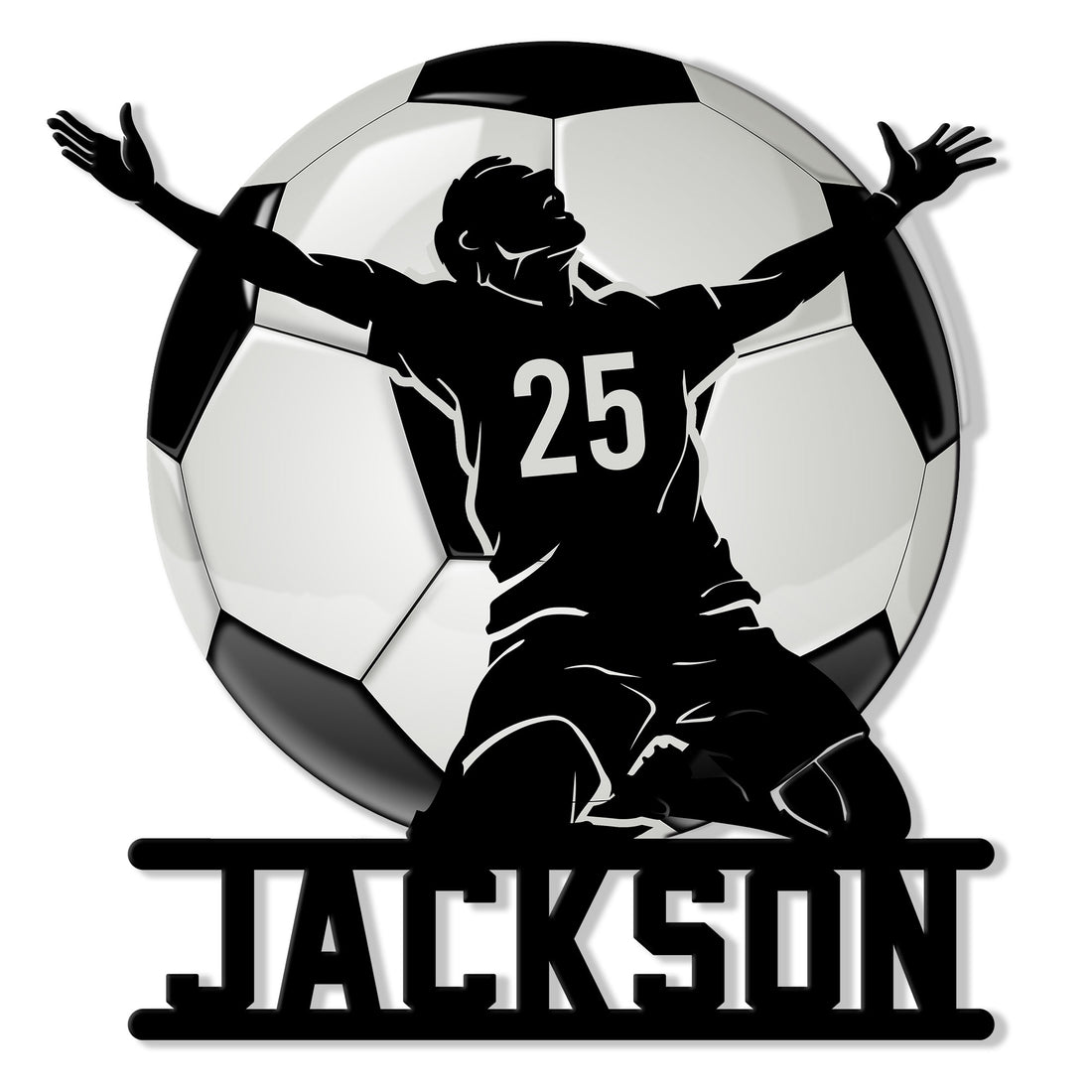 Custom soccer metal sign featuring a celebrating player silhouette in front of a large soccer ball