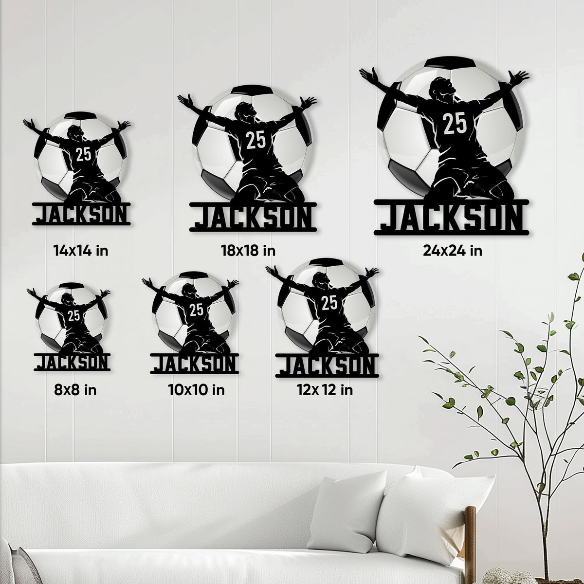 Soccer metal sign size guide showing multiple square size options for wall display