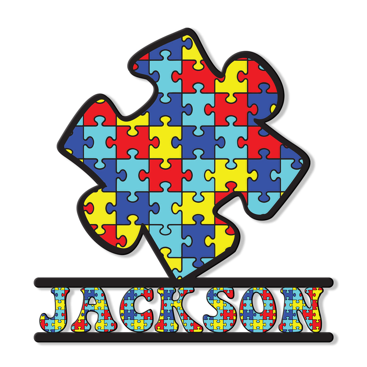 Colorful autism awareness puzzle piece metal sign with bold cutout design and decorative base