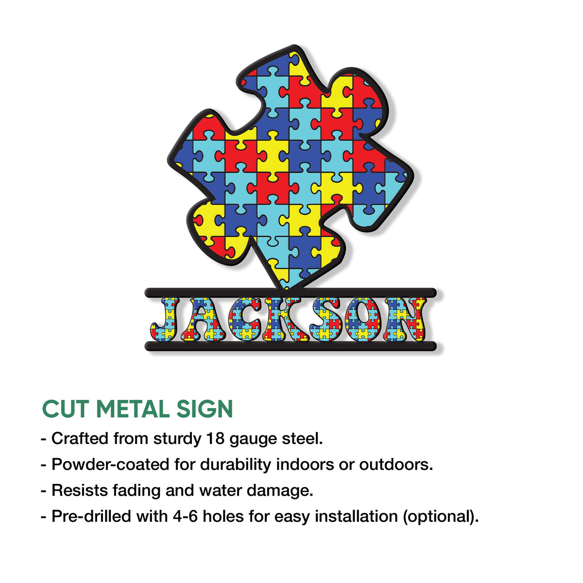 Autism awareness puzzle piece cut metal sign shown with product feature details