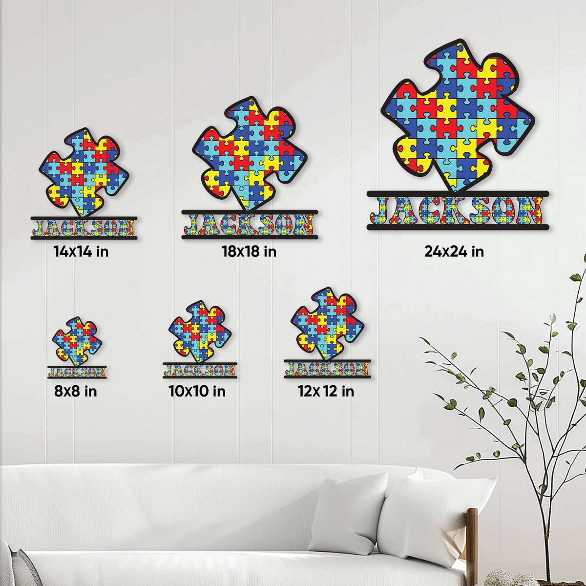 Autism awareness puzzle piece metal sign shown in multiple size options on a living room wall