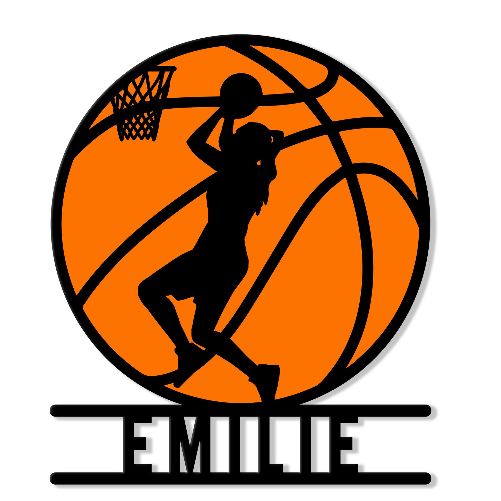 Custom basketball metal sign featuring a player silhouette dunking against a bold orange basketball