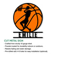 Basketball player silhouette metal sign shown in a cut-metal product feature graphic