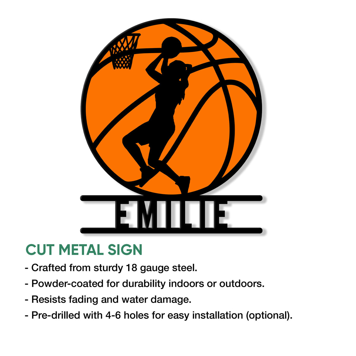 Basketball player silhouette metal sign shown in a cut-metal product feature graphic