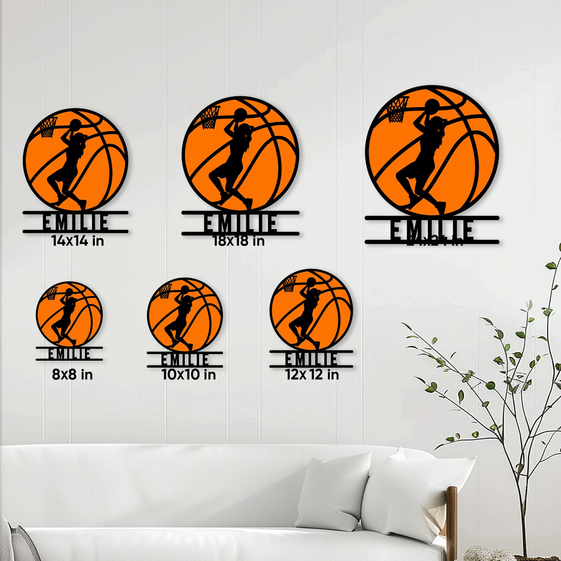 Basketball metal sign size guide showing multiple available dimensions in a home setting
