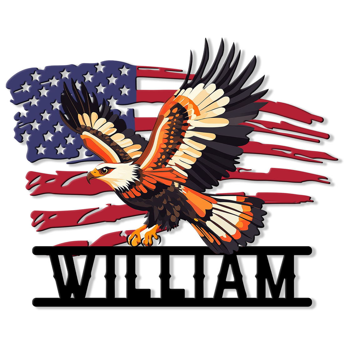 Patriotic bald eagle metal sign flying across a distressed American flag design with bold lower lettering