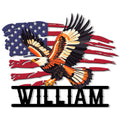 Patriotic bald eagle metal sign flying across a distressed American flag design with bold lower lettering