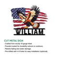 Cut metal bald eagle sign feature guide showing the patriotic artwork and available hanging presentation