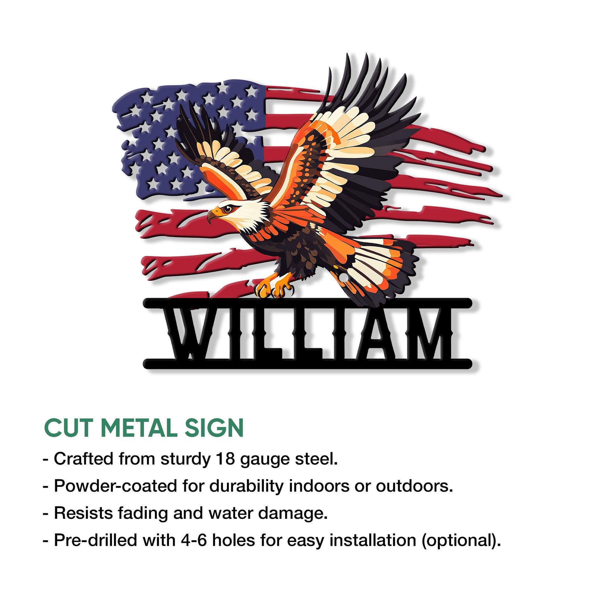 Cut metal bald eagle sign feature guide showing the patriotic artwork and available hanging presentation