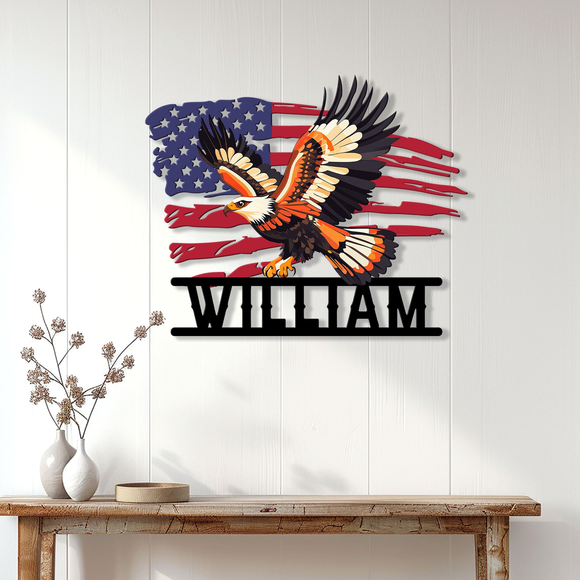 Patriotic eagle metal wall sign displayed on a light wood-paneled wall above a console table