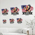 Bald eagle American flag metal sign shown in multiple size options on a living room wall