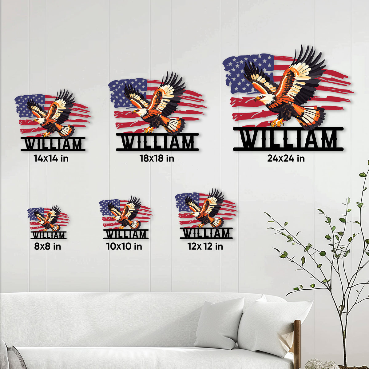 Bald eagle American flag metal sign shown in multiple size options on a living room wall