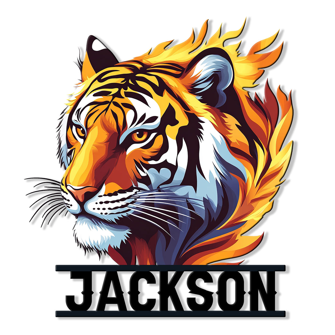 Colorful tiger portrait cut metal sign with fiery orange, yellow, black, and blue details
