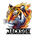 Colorful tiger portrait cut metal sign with fiery orange, yellow, black, and blue details