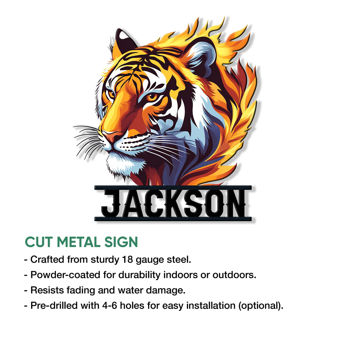 Tiger cut metal sign featuring a vivid flame-inspired wildlife portrait and hanging design