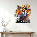 Custom tiger metal sign displayed as bold wildlife wall decor in a bright modern entryway