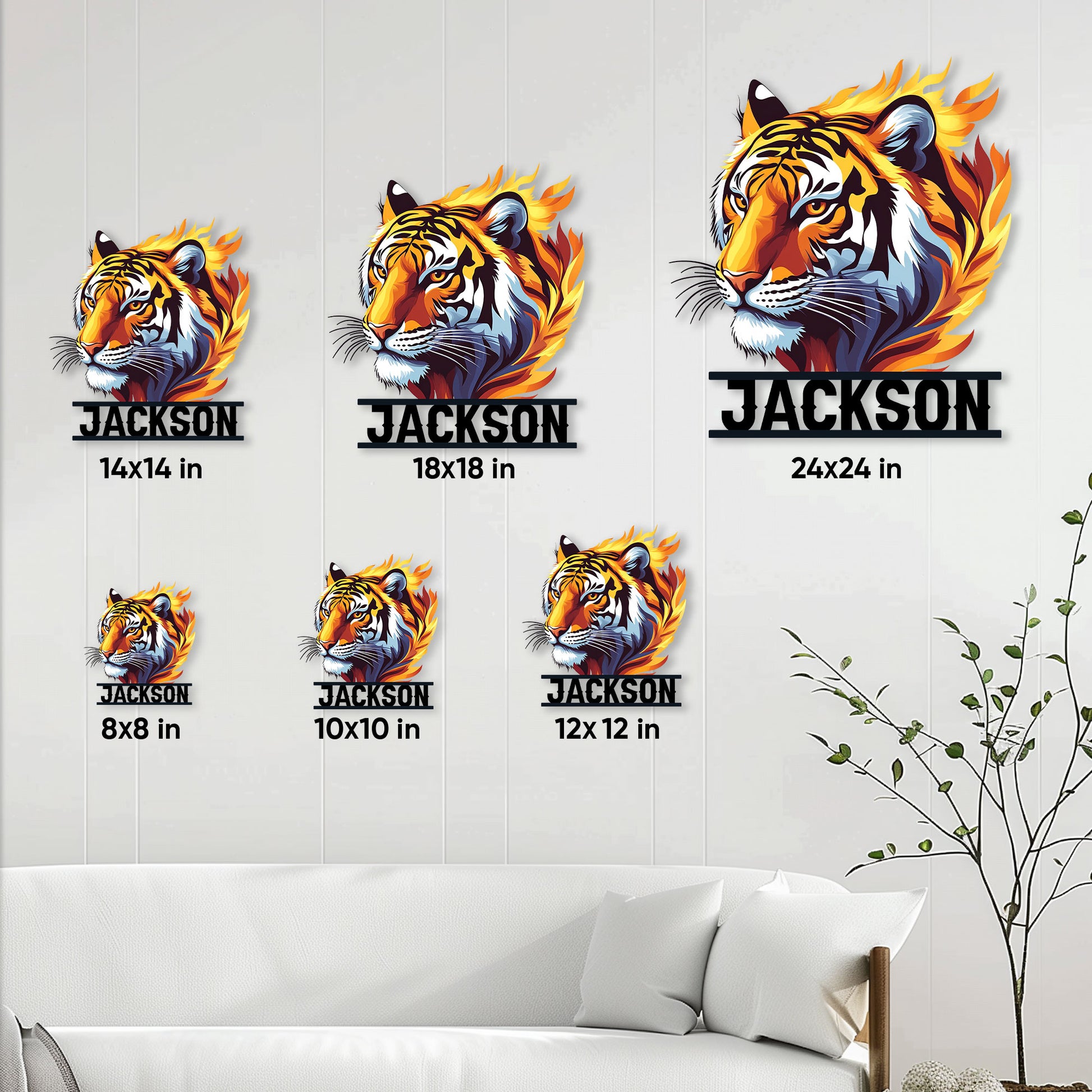 Tiger metal sign size guide showing multiple dimensions from 8 by 8 to 24 by 24 inches
