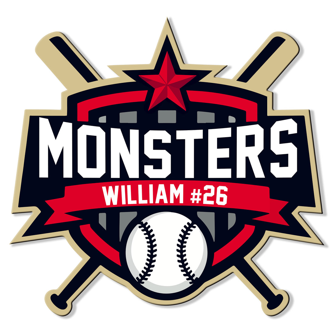 Custom baseball team metal sign featuring crossed bats, a baseball, star emblem, and bold red, black, and gold colors