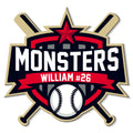 Custom baseball team metal sign featuring crossed bats, a baseball, star emblem, and bold red, black, and gold colors