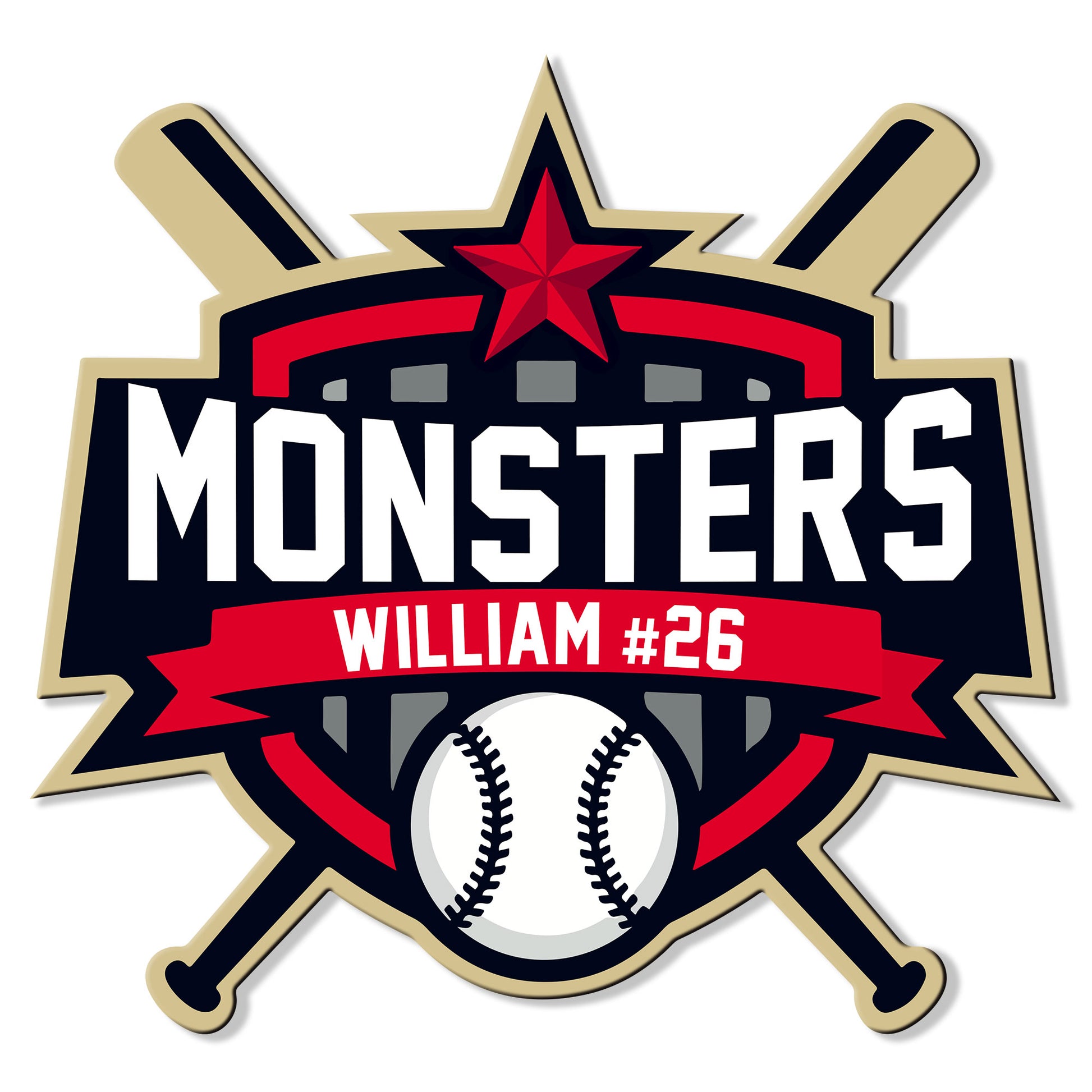 Custom baseball team metal sign featuring crossed bats, a baseball, star emblem, and bold red, black, and gold colors