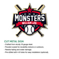 Baseball metal sign product presentation highlighting the cut team emblem design and indoor or outdoor display use