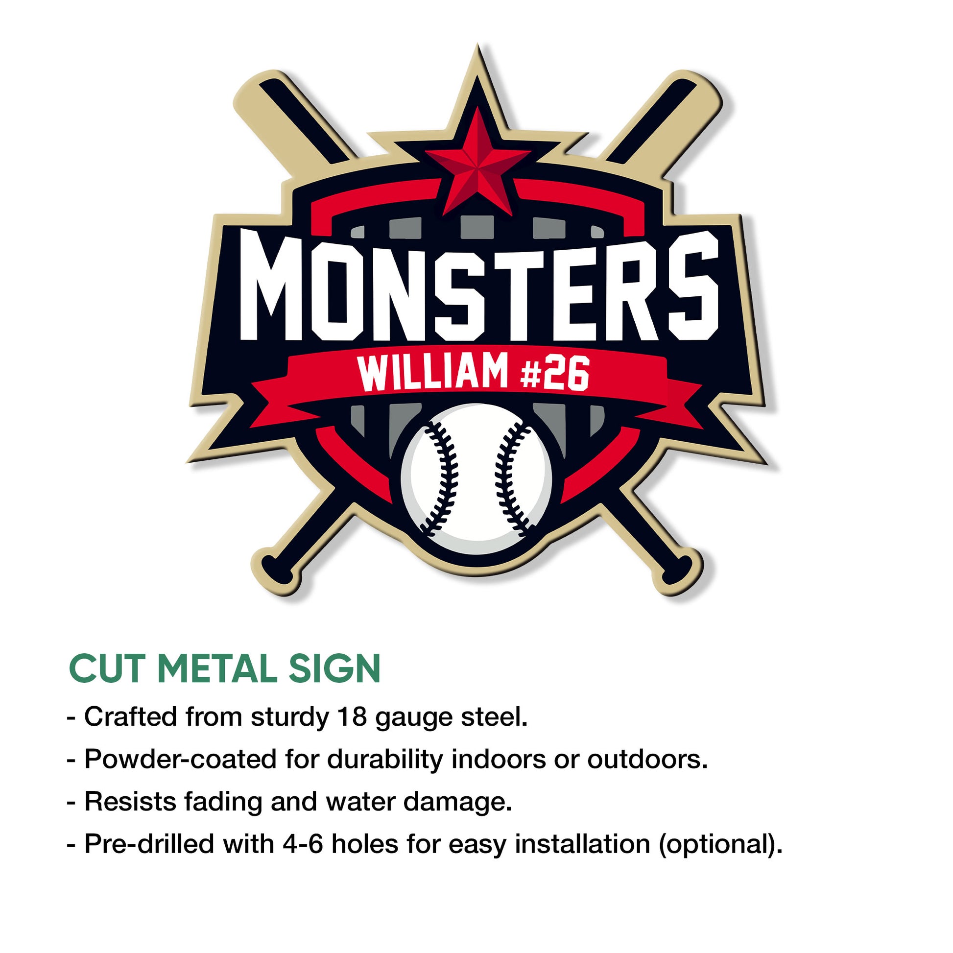 Baseball metal sign product presentation highlighting the cut team emblem design and indoor or outdoor display use