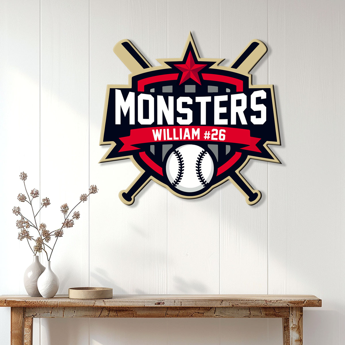 Custom baseball wall sign displayed on a white paneled wall above a console table in a home entryway