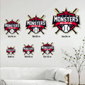Baseball team metal sign size guide showing available square sizes from 8 by 8 to 24 by 24 inches