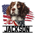 English Springer Spaniel metal sign with a detailed dog portrait and patriotic American flag backdrop