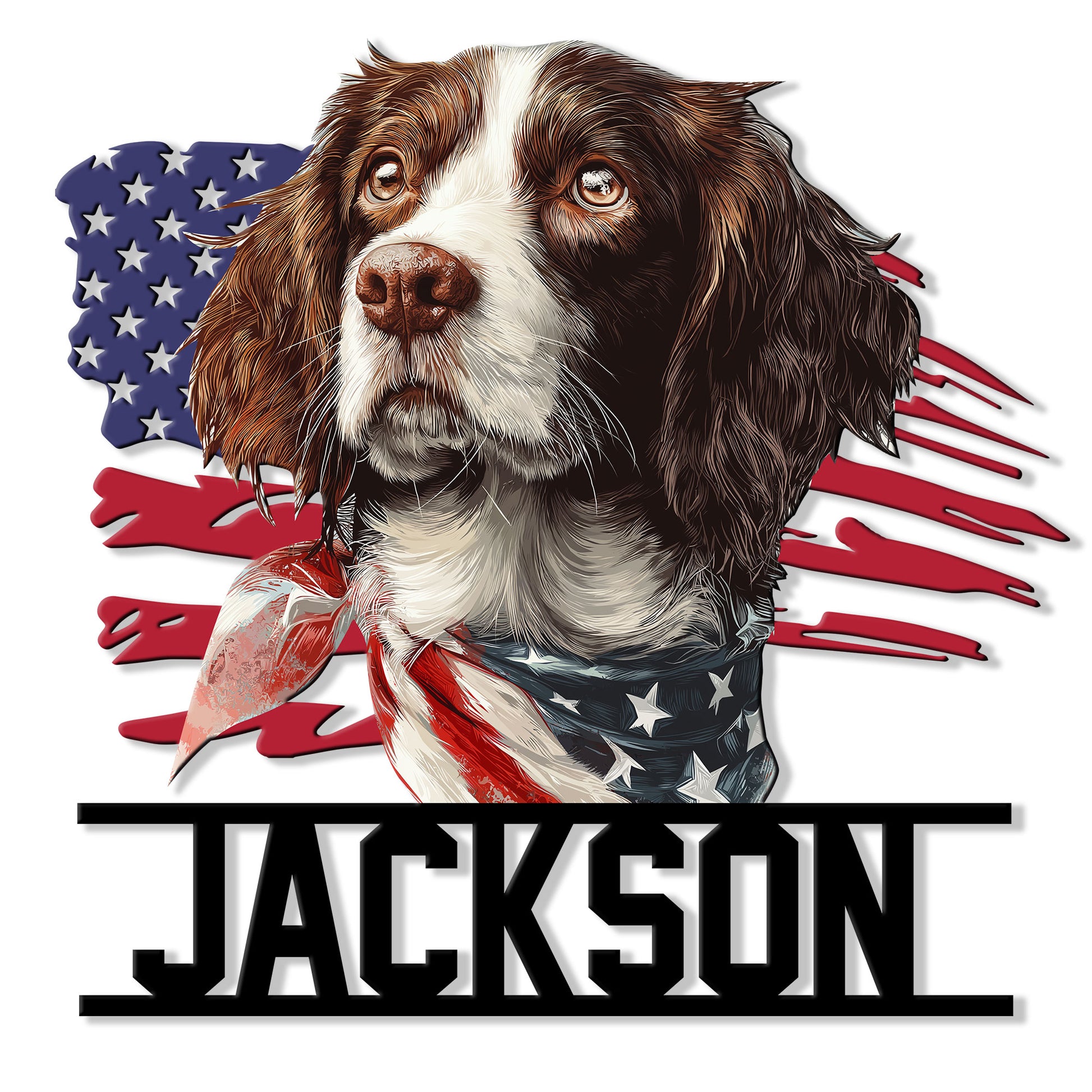 English Springer Spaniel metal sign with a detailed dog portrait and patriotic American flag backdrop