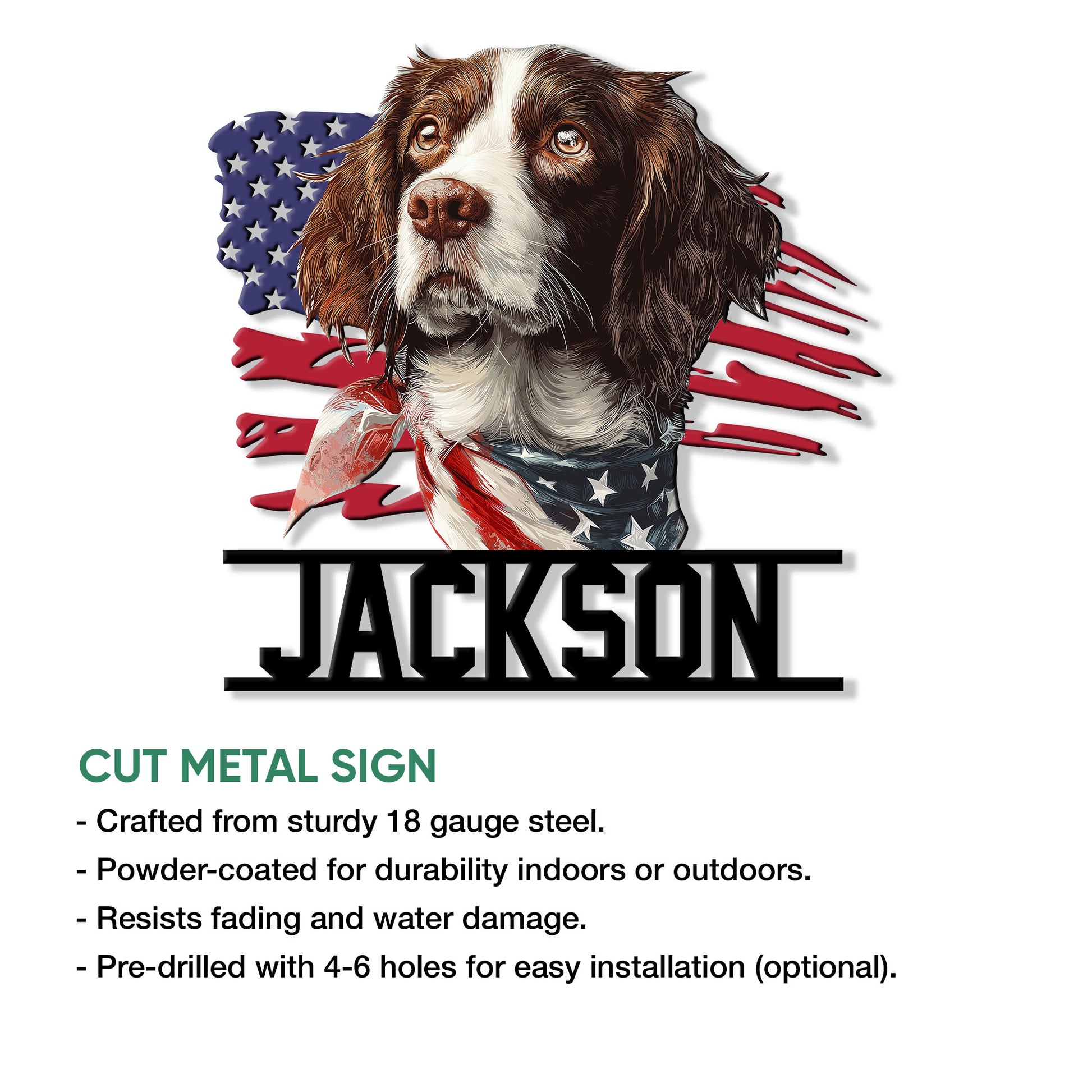 Patriotic English Springer Spaniel cut metal sign shown with product feature information