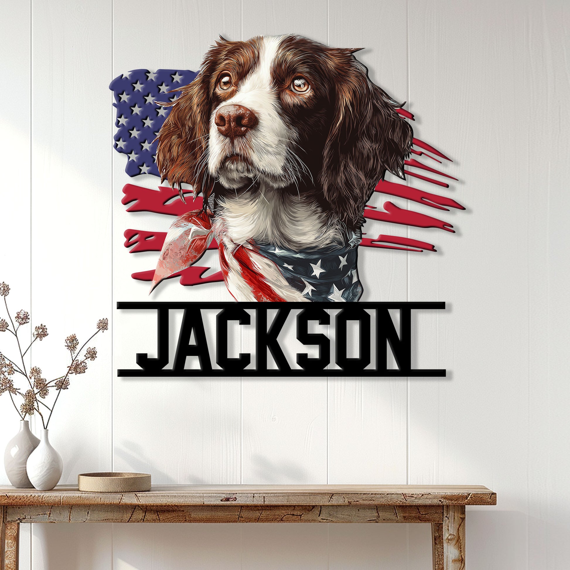 English Springer Spaniel wall sign displayed above a console table in a bright home interior